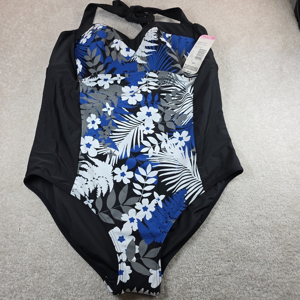 Tropical Escape Swimsuit Womens 20W Black Floral Lined One Piece Halter Neck NWT